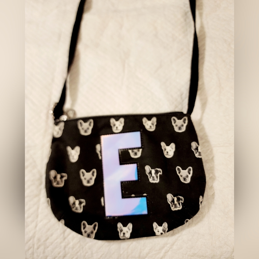 Girls Justice “E” Black Dog Print Frenchie Cross Body Small Purse Initial E Bag